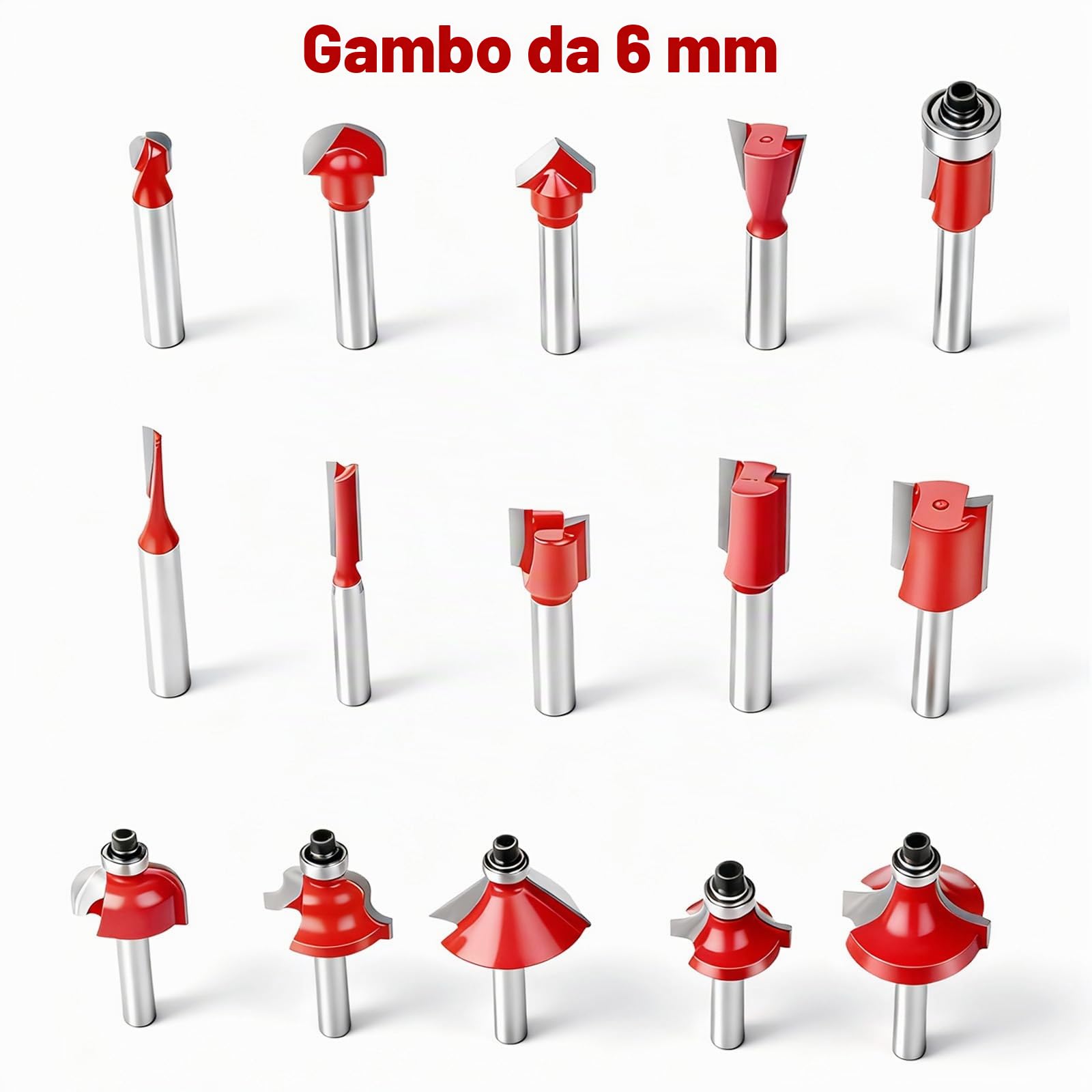Set di 15 frese da fresatrice, router con gambo da 6 mm, fresa per router con custodia in legno, fresa per scanalature e profili per progetti professionali di falegnameria e carpenteria (rosso)