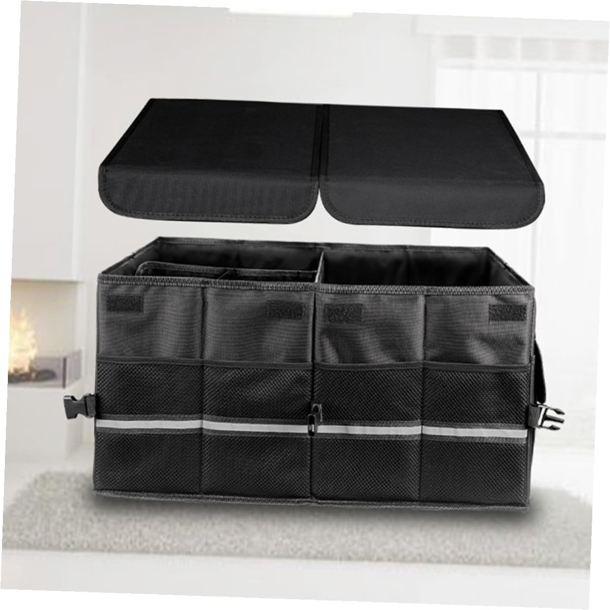 Car Foldable Trunk Organizer Storage Box Black Collapsible Car Storage Container with Multi-compartment for Vehicle Interior and Suv Cargo Organization