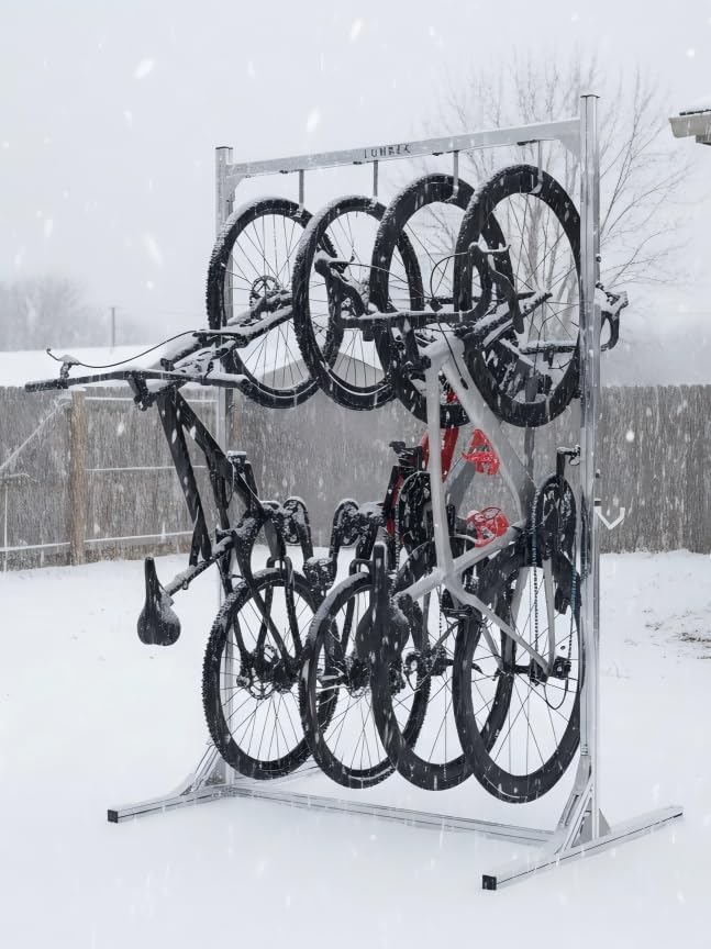 LUMREK Alumium Alloy Freestanding Bike Rack for 4 Bikes, Vertical Bike Storage Stand with 4 Bike Hooks for Heavy Duty & 2 Hooks for Tool Room Garage Storage Room Indoor Outdoor