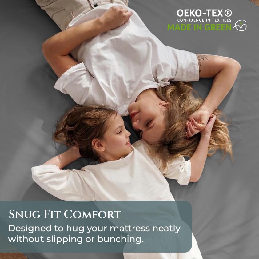 Image of Royale Linen 400 Thread Count Queen Fitted Sheets Only - 100% Cotton Fitted Bed Sheets Queen Size - Luxury Sateen Weave - All Around Elastic Deep Pocket - Durable & Soft -Fit Up To 16 inch (Spanish Slate)