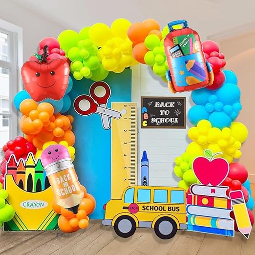 156pcs Back to School Balloon Garland Arch Kit, School Bus House Pencil Bag Foil Balloon with Rainbow Balloons for First Day of School Kindergarten Graduation Party Supplies