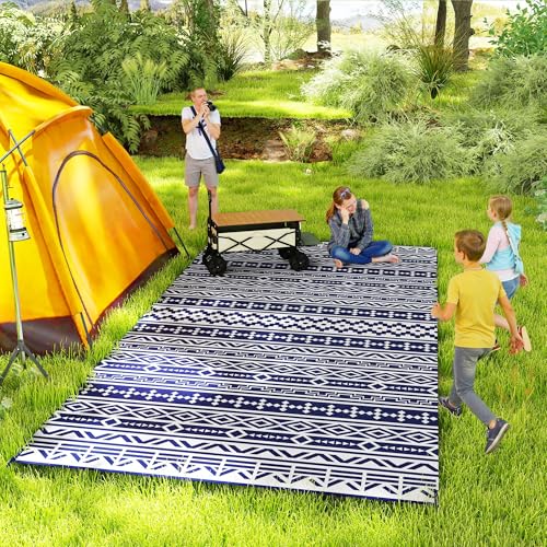 Outsunny Reversible Outdoor RV Rug with Carry Bag, 9' x 18' Patio Floor Mat, Plastic Straw Rug for Backyard, Deck, Picnic, Beach, Camping, Geometric Wall, Blue and White - Image 3
