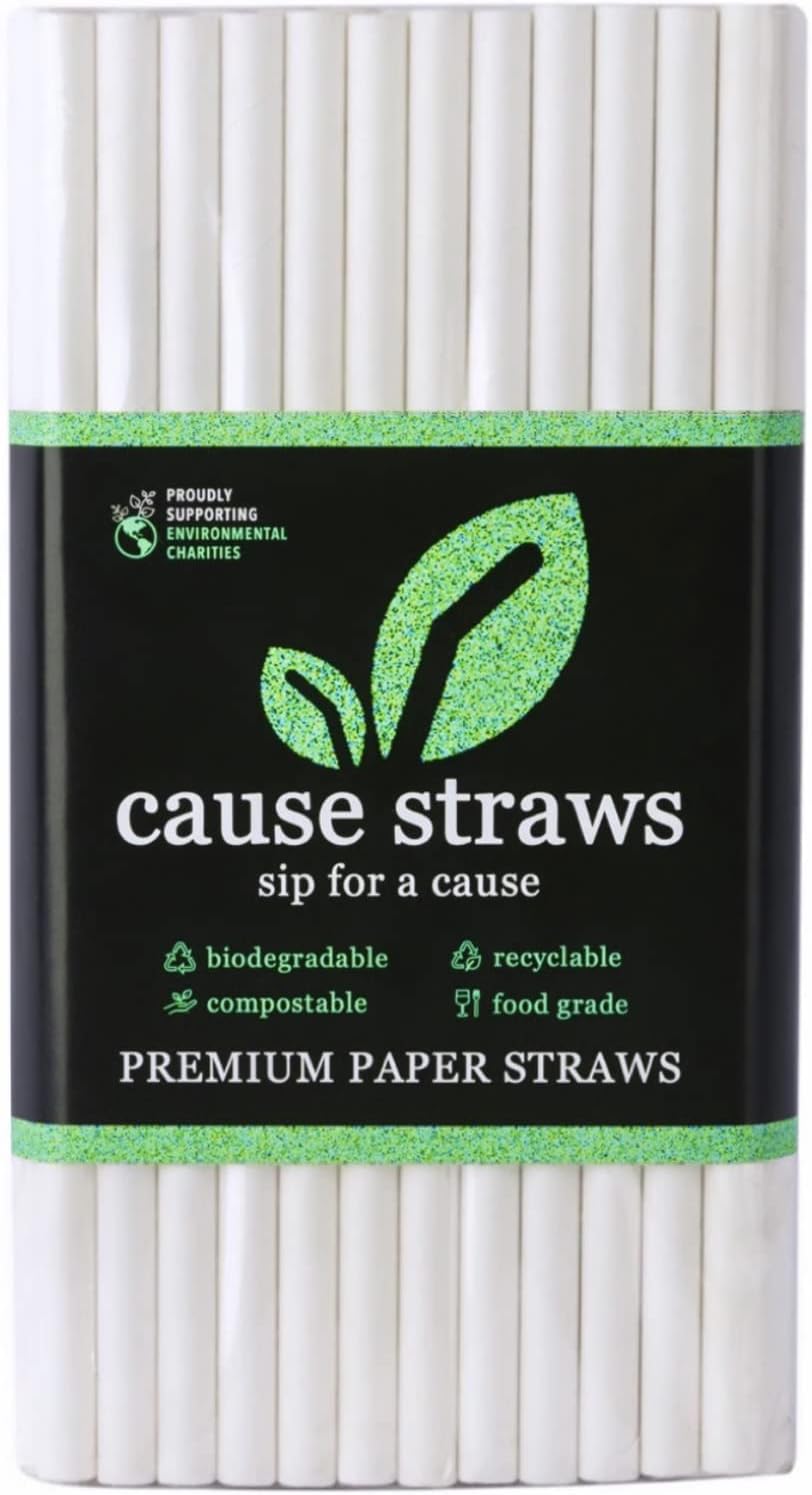 Biodegradable Premium Drinking Straws | 100 Straws (8mm Wide) | White Colour | Best for Juice, Soft Drinks and Cocktails | Sip for A Cause | (8MM, White)
