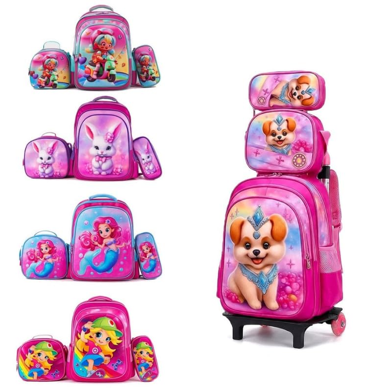 Kit Mochila Escolar Infantil Feminina com Rodinhas, Lancheira Térmica, Estojo e Carrinho Reforçado, Rosa, Personagens Variados Cor: Envio Aleatório