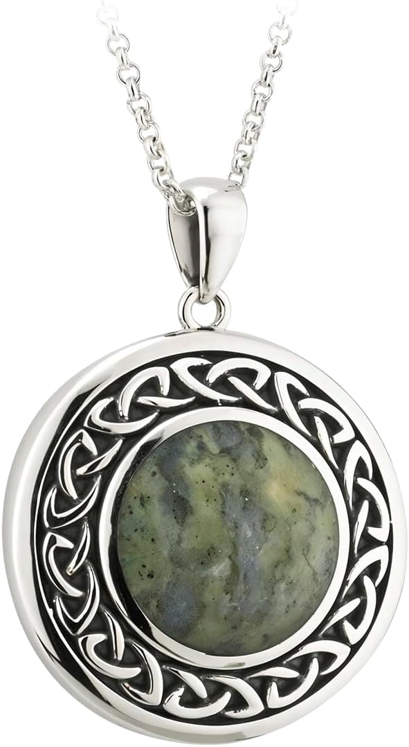 925 Sterling Silver Celtic Weave Connemara Marble Pendant Necklace for Women, Black Patina Detail, 7/8", 18" Inch, Traditional Irish Jewelry, Imported from Ireland