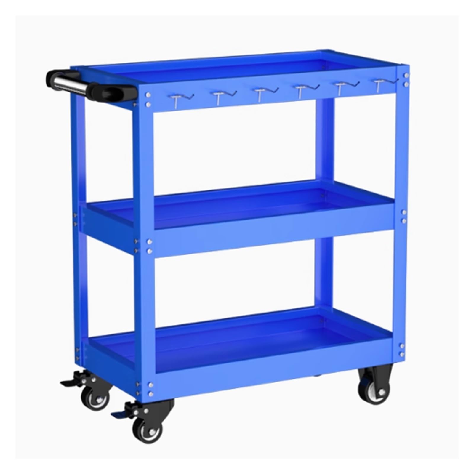 carro de servicio Carro De Almacenamiento De Herramientas Azul De 3 Pisos, Carro De Servicio Rodante De Acero Con 6 Ganchos Y 4 Ruedas De 360°, Carro De Herramientas Para Restaurante/ Patio/ Taller