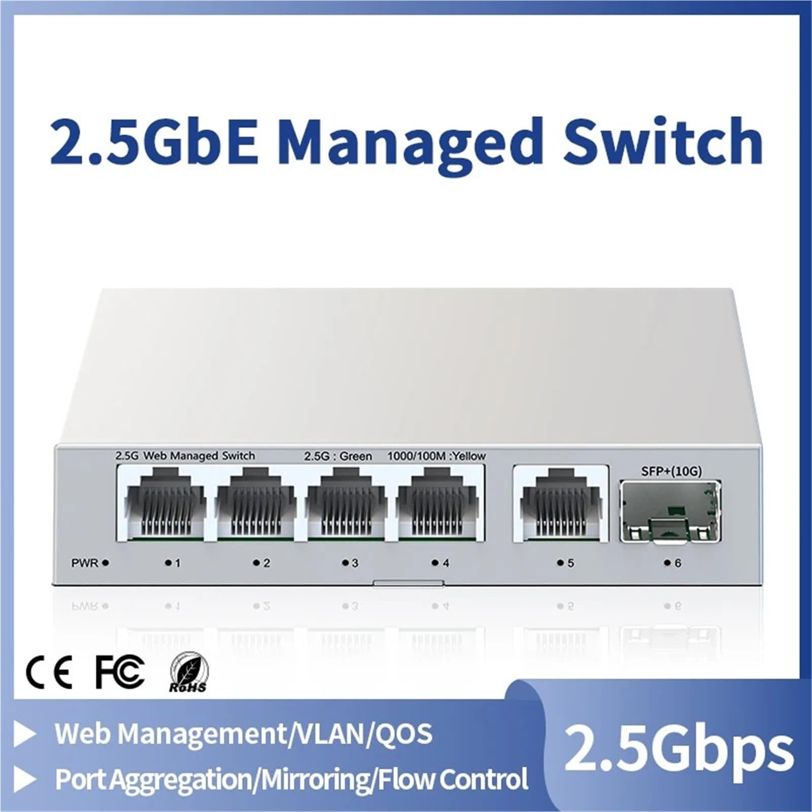 Przełącznik przemysłowy 2,5 GbE Zarządzany przełącznik 5 5 5 Port 2500 Mb/s 10G SFP+gniazdo sieciowe (adapter US)