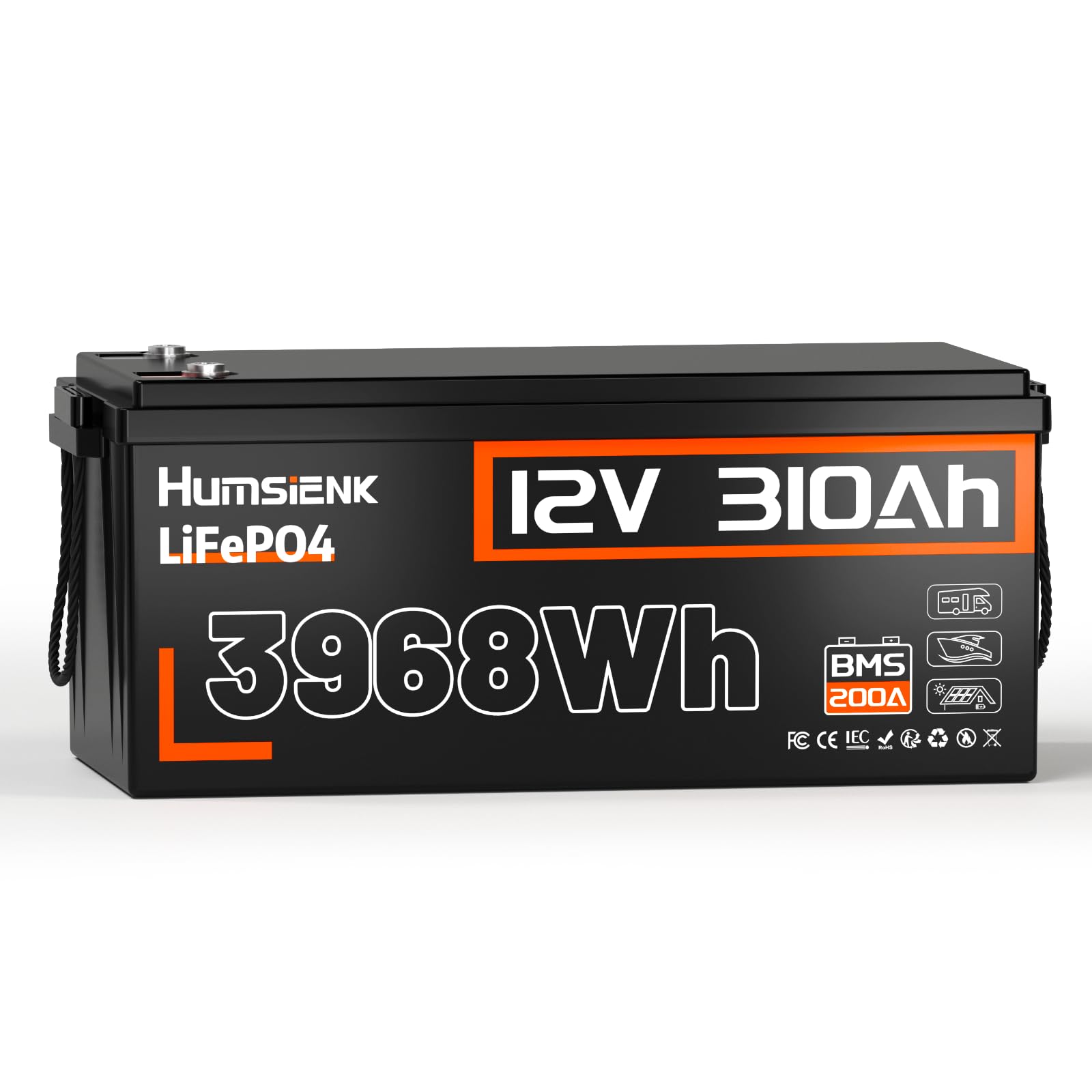 Humsienk Batteria Litio 12V 310Ah LiFePO4 con BMS 200A e Protezione Bassa Temperatur, 15.000 Cicli Profondi, 3968W energia Per Accumulo Solare, Alimentazione di Emergenza, Camper,Off-Grid