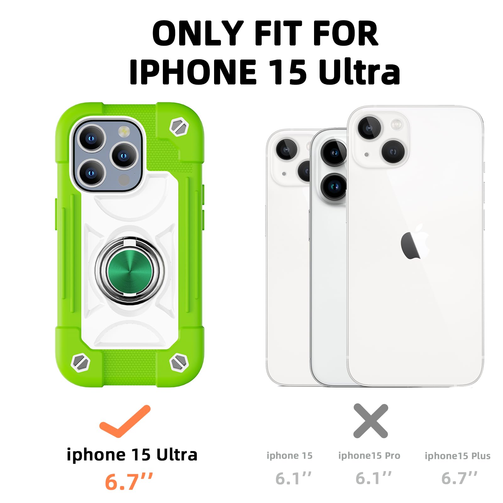 Compatibile con iPhone 15 Pro Max 6,7" - Custodia resistente agli urti di grado militare con anello di supporto, protezione per lo schermo in vetro e protezione per lenti della fotocamera