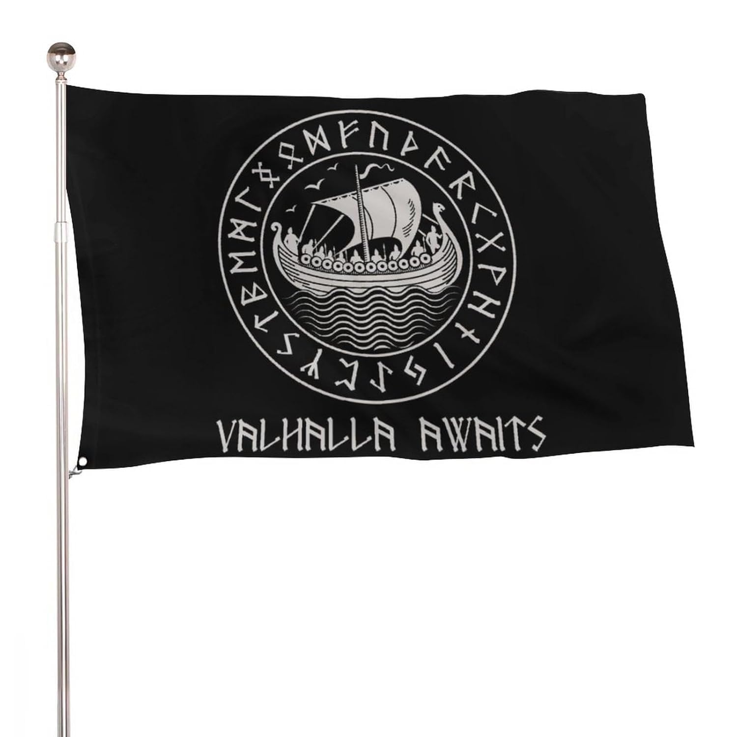 Decorative House Flag Yard Banner, Viking Drakkar Valhalla Scandinavian Runic One Side Print, Welcome Garden Flags Lawn Hanging Decor 4x6ft -(120x180cm)