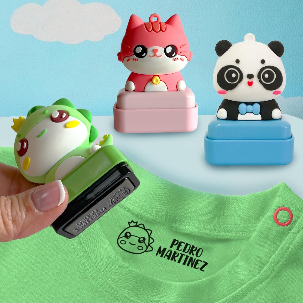 Transparent Gift Sello Personalizado para Ropa Infantil con Nombre Muñecos Animales. Sellos Personalizados Ropa Niños. Sello para Marcar. Tinta Negra Resistente al Agua. Regalos de Vuelta al Cole
