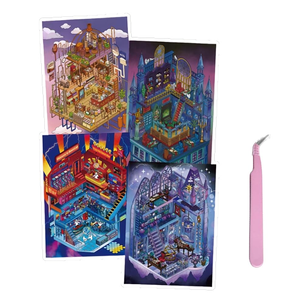 4 Sets DIY Sticker Scenes with Tweezers,Large 3D DIY House Stickers for Adult Kids Relief Stress Pass The Time,Make Your Own Cute Cartoon Warm Shop Castle Bank Deep Sea Collection Museum