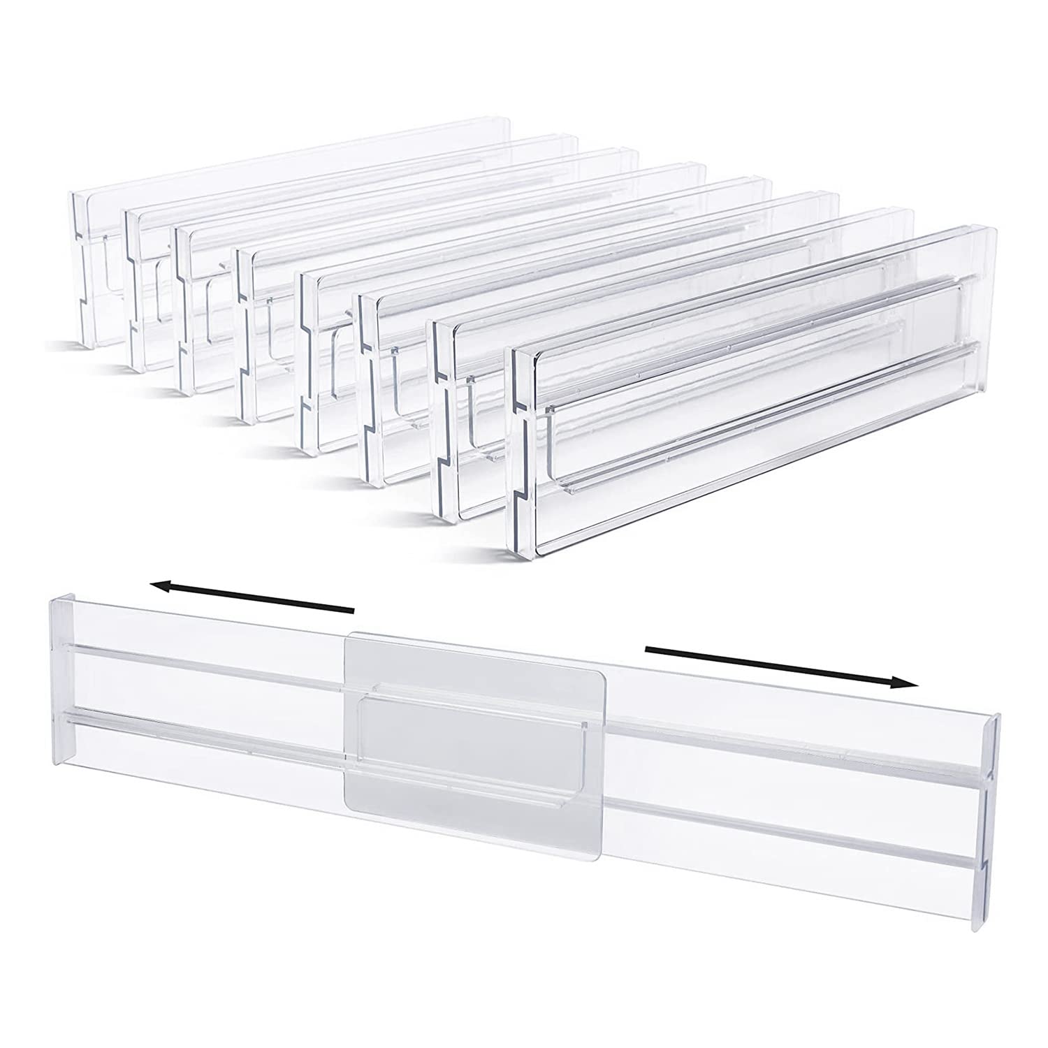 CTRLZS Drawer Dividers 8 Pack, Adjustable 3.2 Inch High Expandable From 11-20.6 Inch Kitchen Drawer Organizer, Clear Plastic