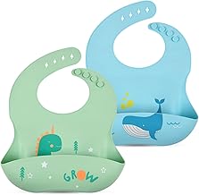 Vicloon Bavaglini 3D Silicone, 2PCS Impermeabile Senza BPA, con Tasca Raccoglipappa, 4 Misure Regolabili, per Bambini e Neonati, Dinosauroe e Balena