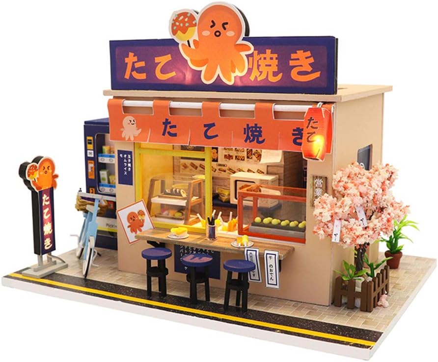 Miniature Doll House DIY Wooden Dollhouse yaki Shop with Furniture & LED Light Children Toy Gifts for 14+ Kids Adults Friends Family-Haibing