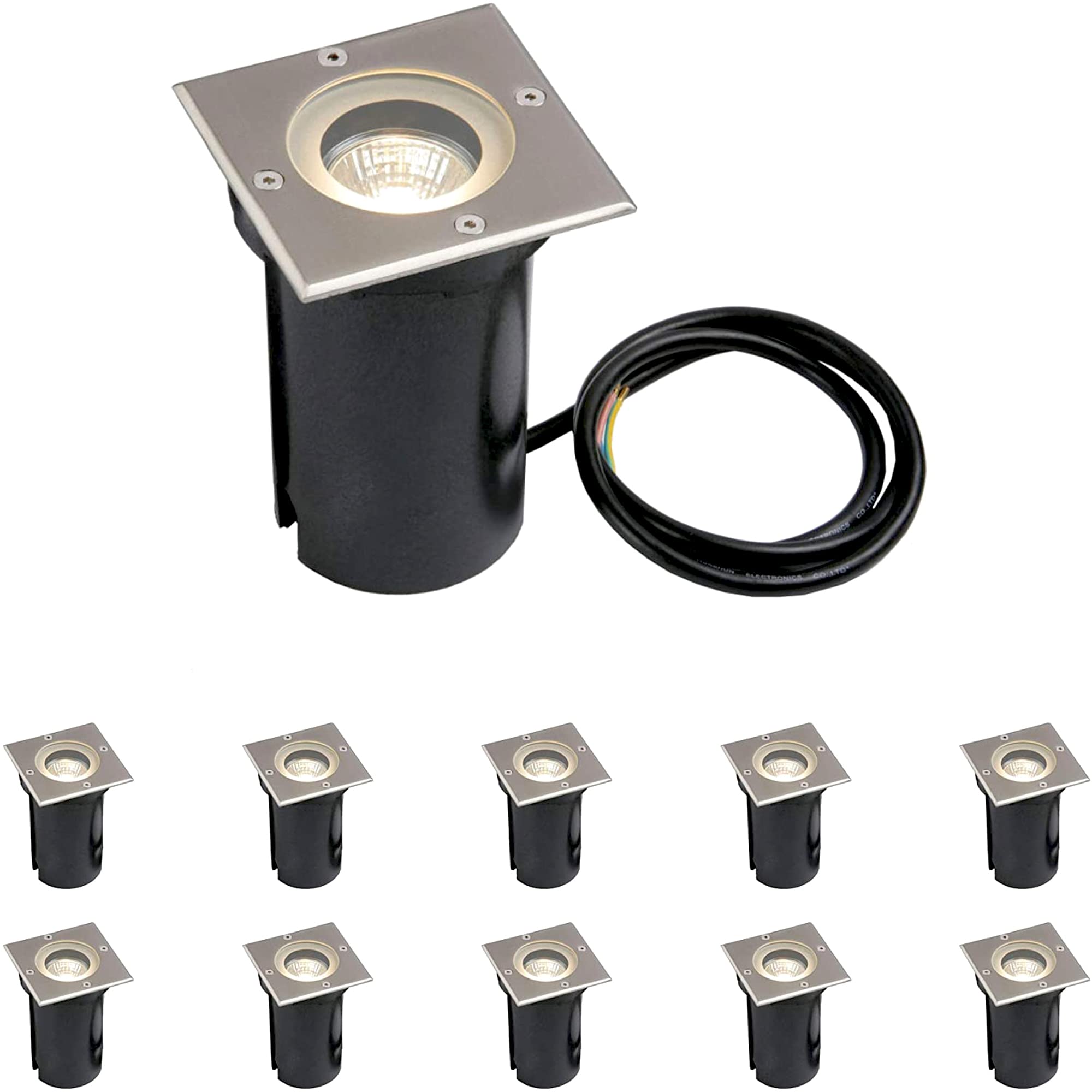 National Lighting Buried Uplighters - Pack of 10 Recessed Ground Lights - IP65 Weatherproof Walk Over Decking Lights - Square Outdoor Lights - 50W 240V Halogen or LED GU10 (Not Included)