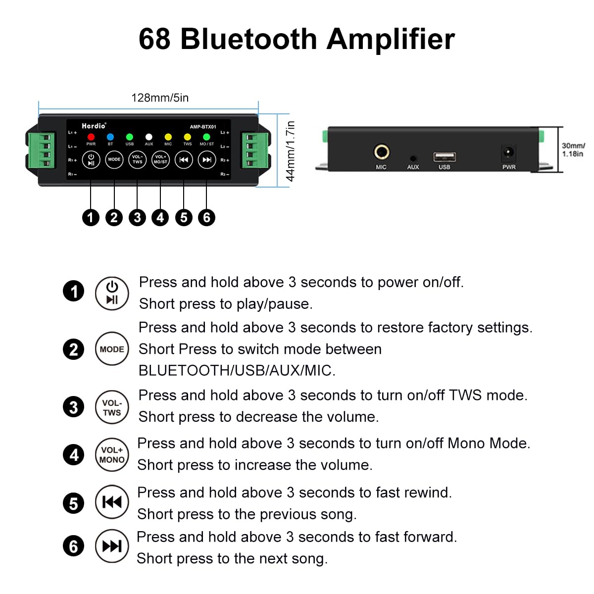 Herdio 6,5 Pouces 800 W Haut-parleurs Bluetooth d'extérieur, filaires étanches avec amplificateur Multifonctionnel, Haut-parleurs muraux pour terrasse, Piscine, Jardin (Blanc)