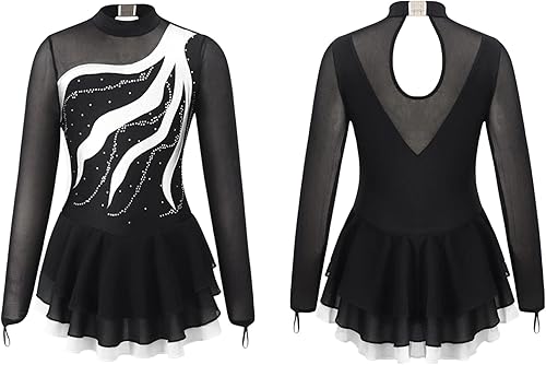 Miniatura 27 de Loyan Vestido de patinaje artístico brillante para niñas y niñas, de malla, de manga larga, patinaje sobre ruedas, competición de baile Rosa