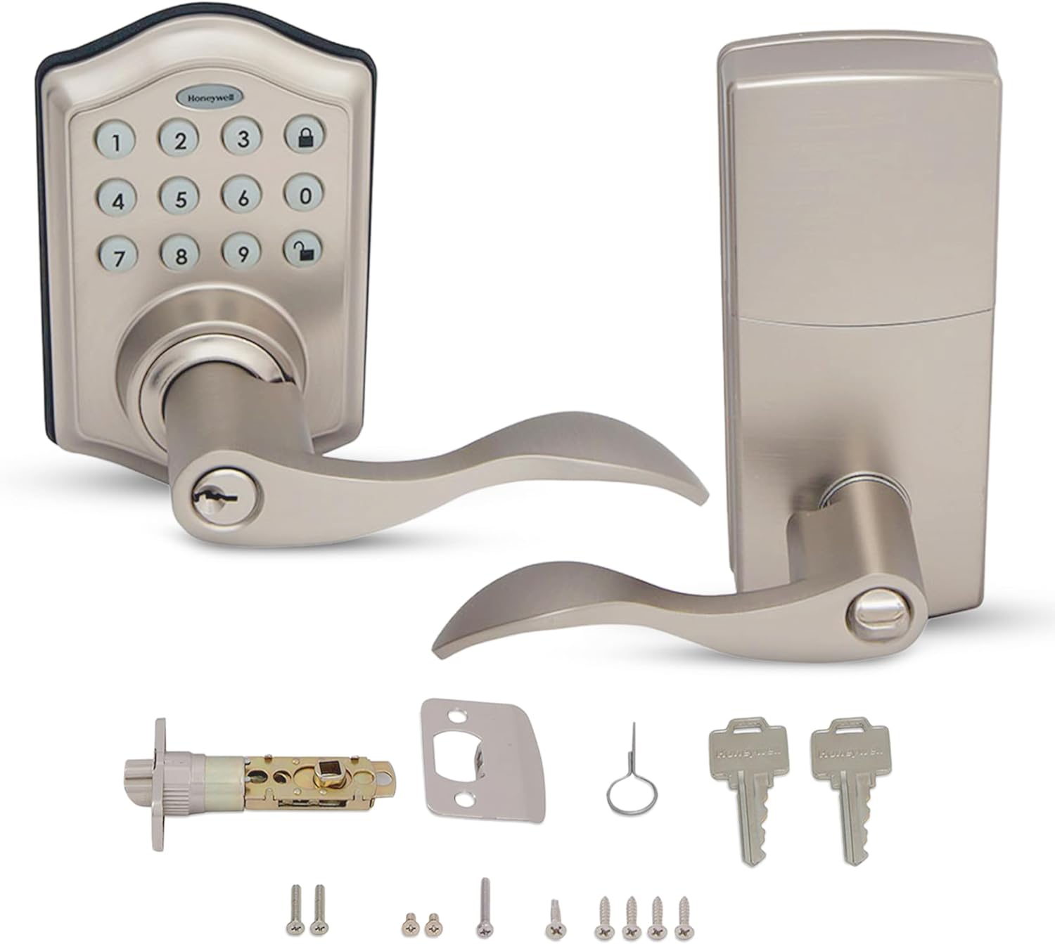 honeywell safes & door locks - keyless entry lever door lock handle with electronic keypad - easy to install for front door lock with code - 50 user pin codes - satin nickel, 6.5 x 8.8 x 9 in, 8734301 satin nickel electronic entry knob