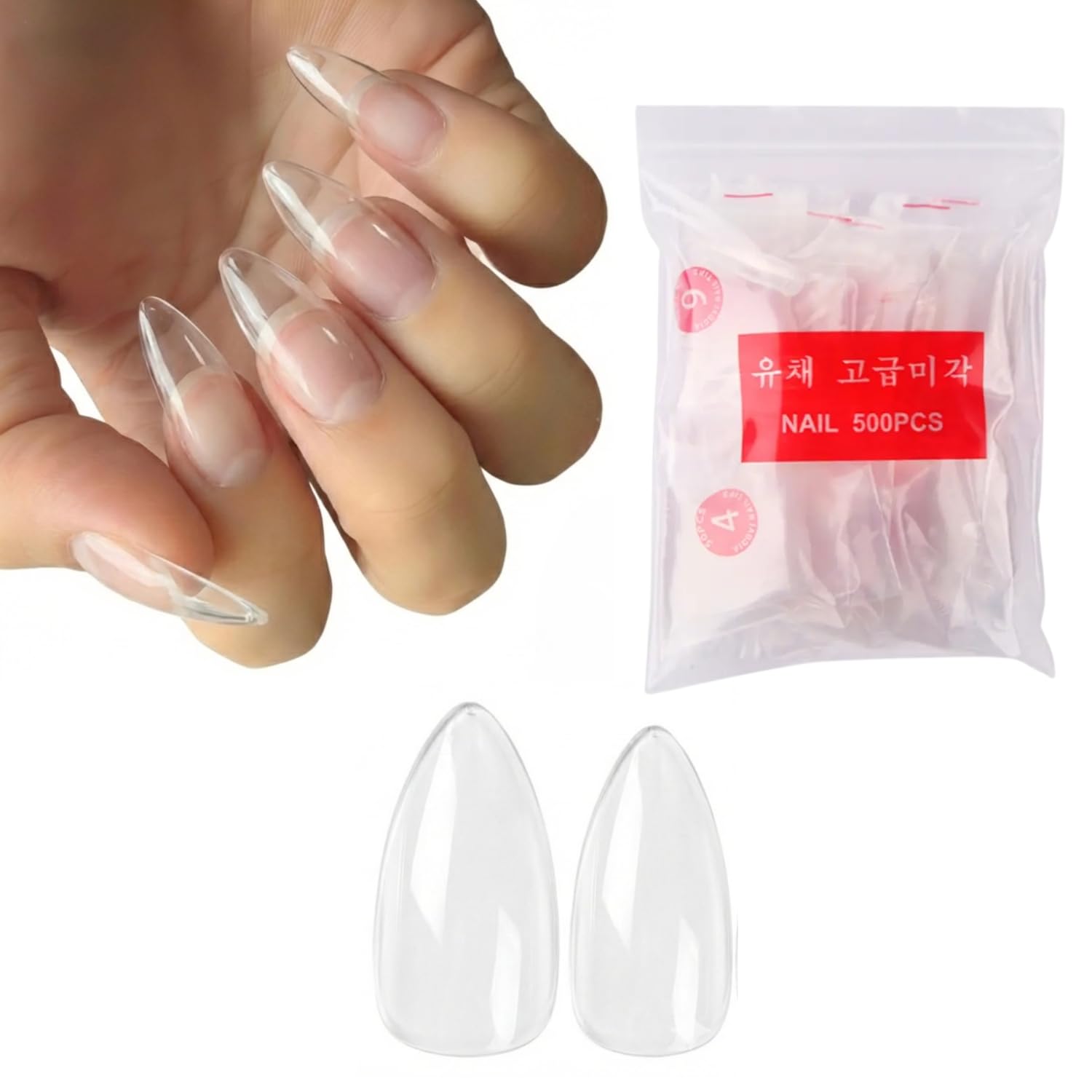 NYSA 500 Pcs Clear Almond Shape Nail Extensions - Full Cover Artificial Nails in 10 Sizes | Professional Transparent Acrylic Tips for Salon & DIY Art (Pouch Pack)-picture-45