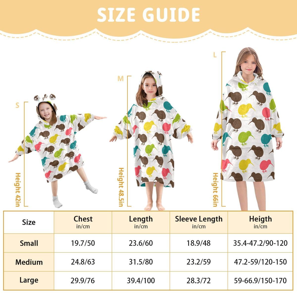Ptaki kiwi kolorowy dziecięcy koc do noszenia bluza z kapturem oversize bluza koc sweter uroczy dla chłopców i dziewcząt w wieku 3-14 lat