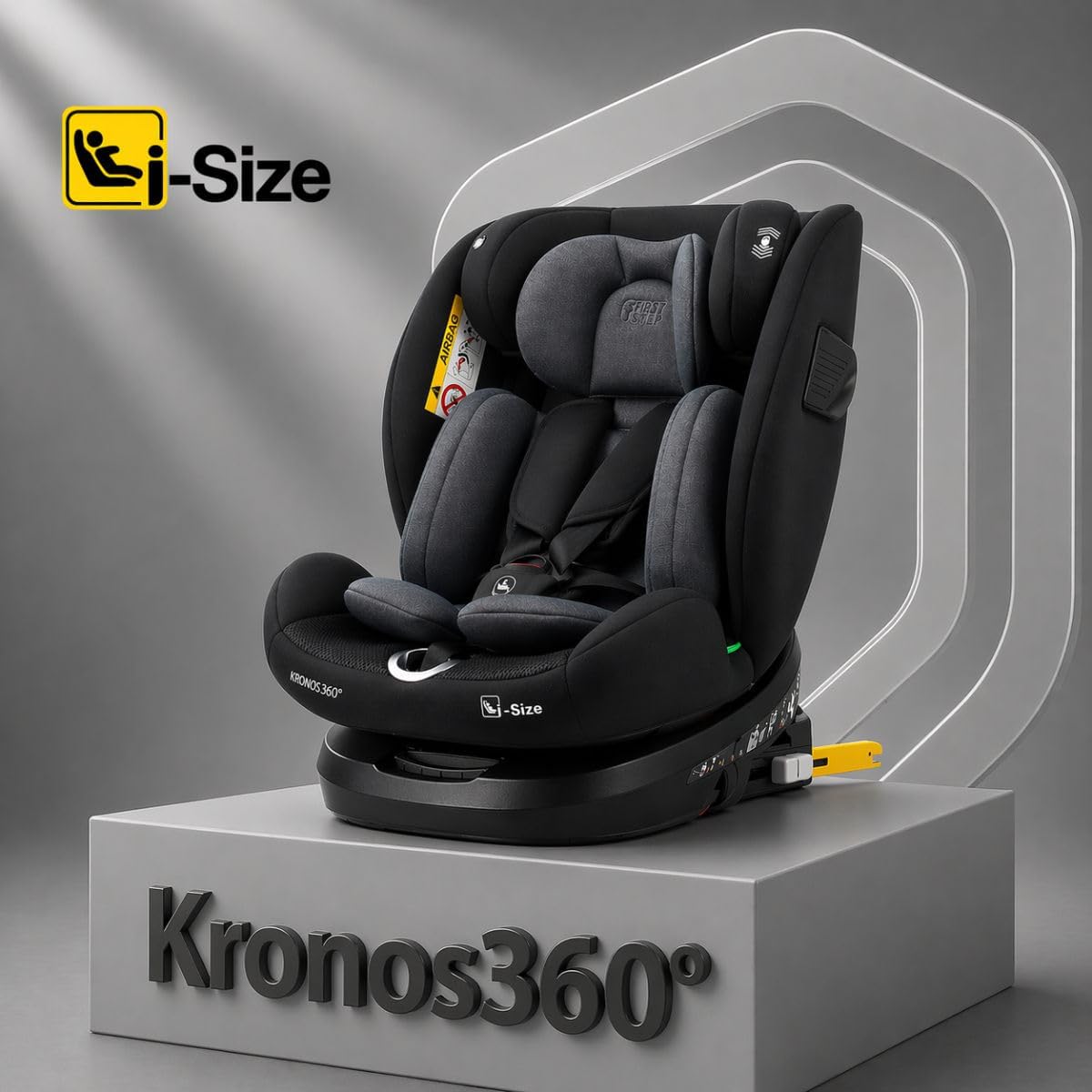 First Step Kronos 360° Silla Coche Bebé i-Size (40-150 cm), Silla Coche ISOFIX Giratoria, Grupo 0/1/2/3, Contramarcha hasta 4 Años, Reclinable 4 Posiciones, Arnés 5 Puntos, 0-12 Años, Negro