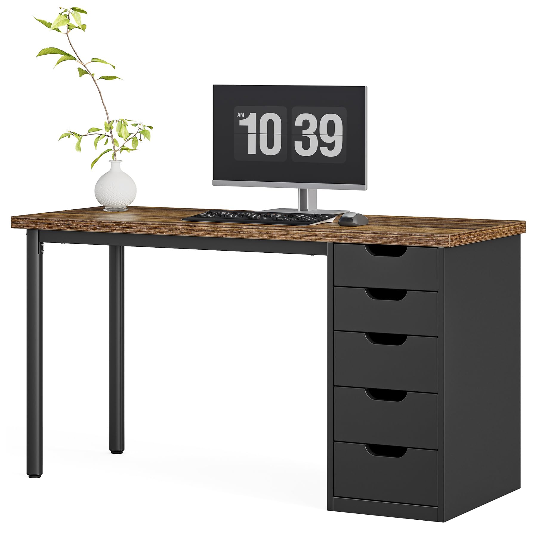 LITTLE TREE Computer Desk with 5 Drawers, 47 Inch Modern Simple Study Writing Desk with Metal Frame, Work Desk for Home Office, Rustic Brown and Black
