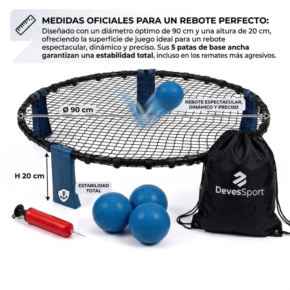 DevesSport Speedy Ball Ensemble complet avec filet de rebond (Ø 90 cm) pour plage, jardin et extérieur Set complet avec 3 ballons, pompe et sac de transport