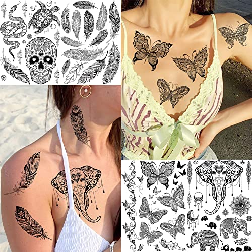 Yezunir 30 Sheets 86+ Pcs Black Lotus Temporary Tattoos For Women Boobs Girls Arm, India Tribal Elephant Wolf Lion Snake Turtle Fake Tattoo Sticker Adults, Temp Feather Butterfly Bohemia Tattoo Mandala Flower #TOP3