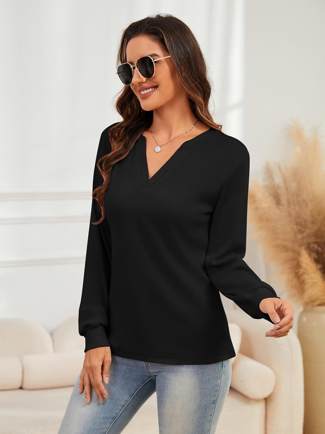 TICTICMIMI Women's V Neck Tops Long Sleeve Henley Shirts Casual Tunic Blouse - Image 3