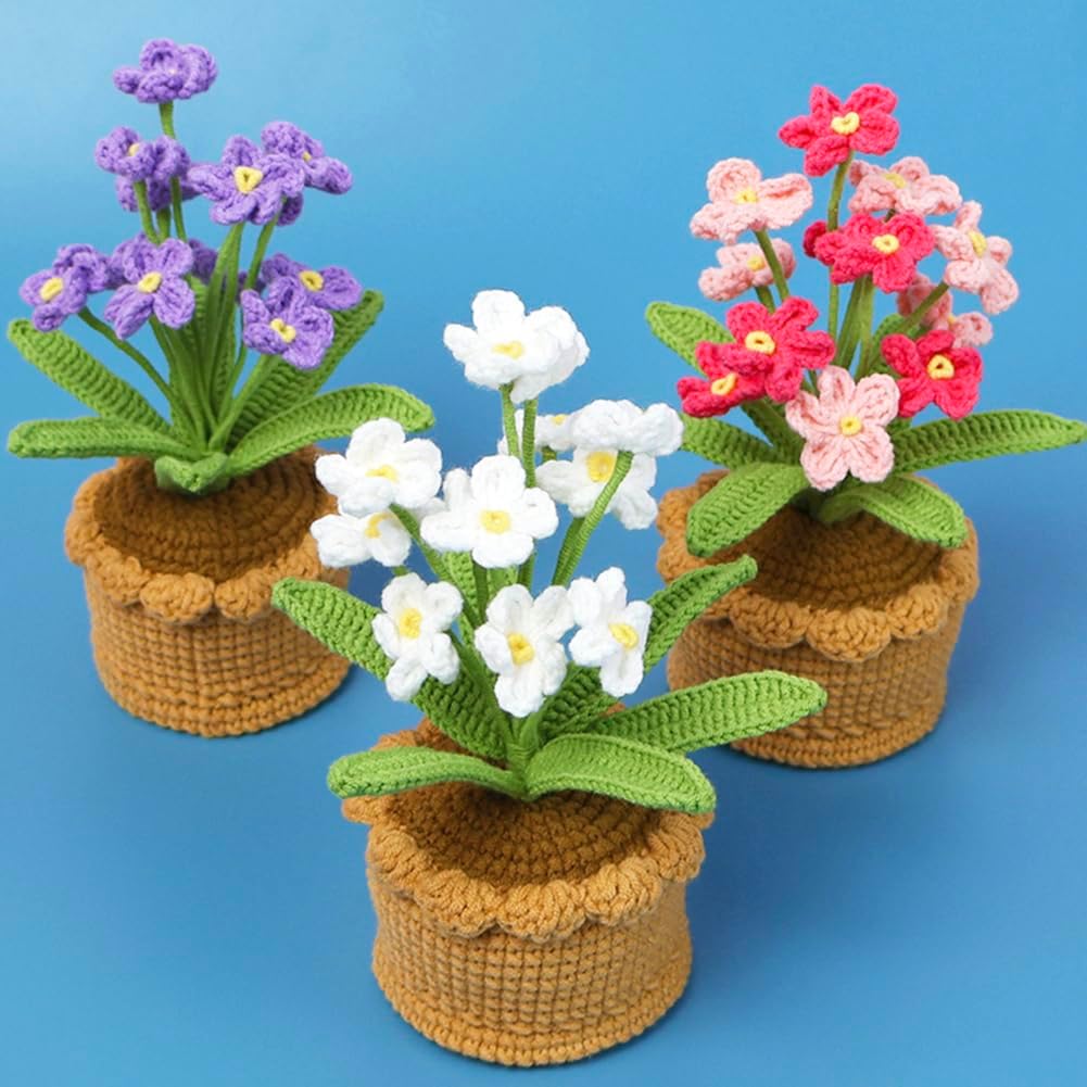 Crochet Forget Me Not Flowers Mini Potted Artificial Plants Handmade Kintting Flowers for Home Office Desk Shelf Car Dashboard Decor, Gradient Pink - Image 4