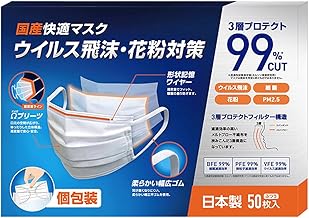 Healshield Masks, Pack of 50, Non-woven Fabric, Made in Japan, Individually Packaged, 4 Tier Omega Pleat, 0.2 inch (6 mm) Wide Rubber, Disposable, White