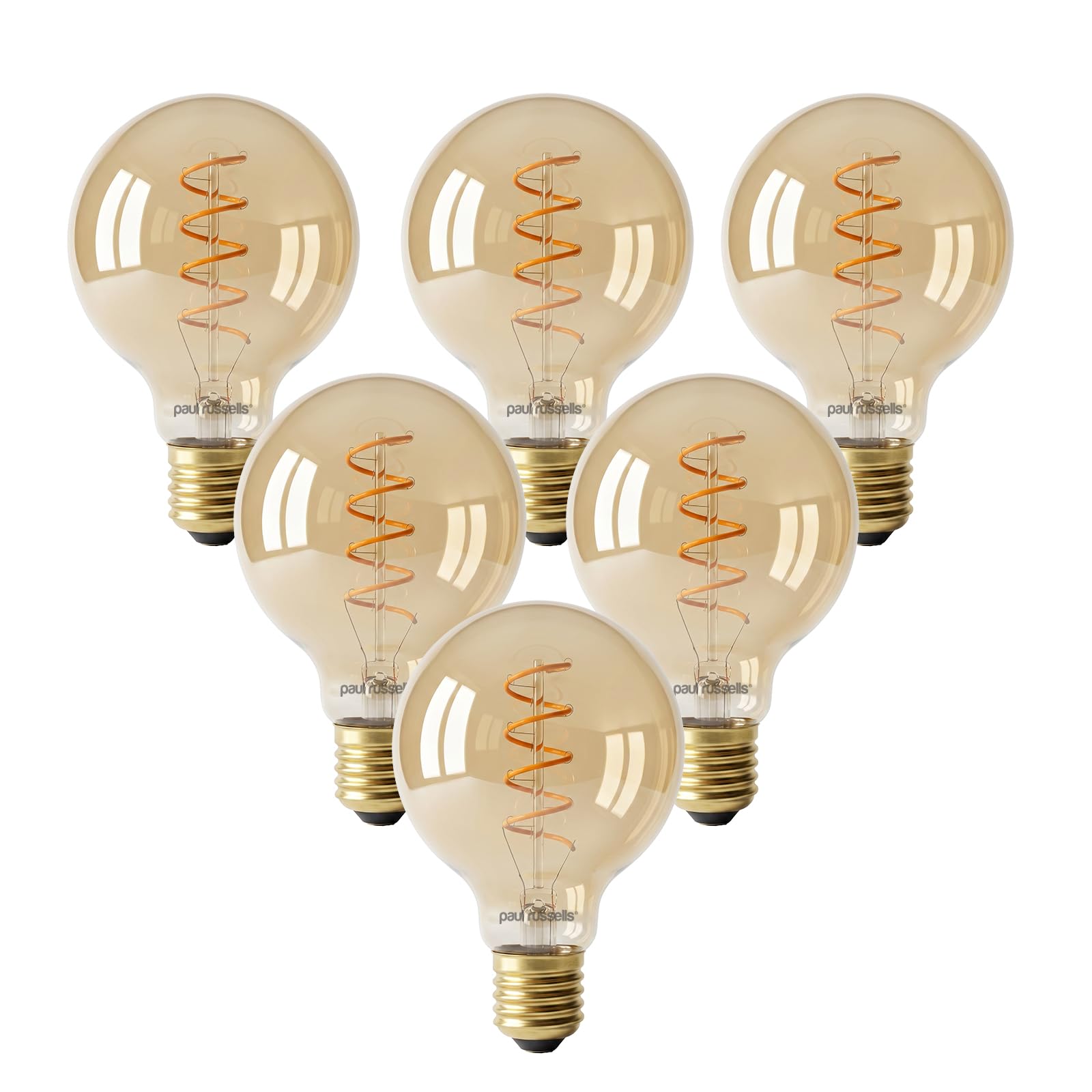 paul russells Dimmable Spiral LED Filament G80 Globe Bulb, Edison Screw E27 4W (25W Equivalent) - 250LM, 1800K Extra Warm White Vintage Amber Light, Decorative Large Globe Cage Lamp – Pack of 6