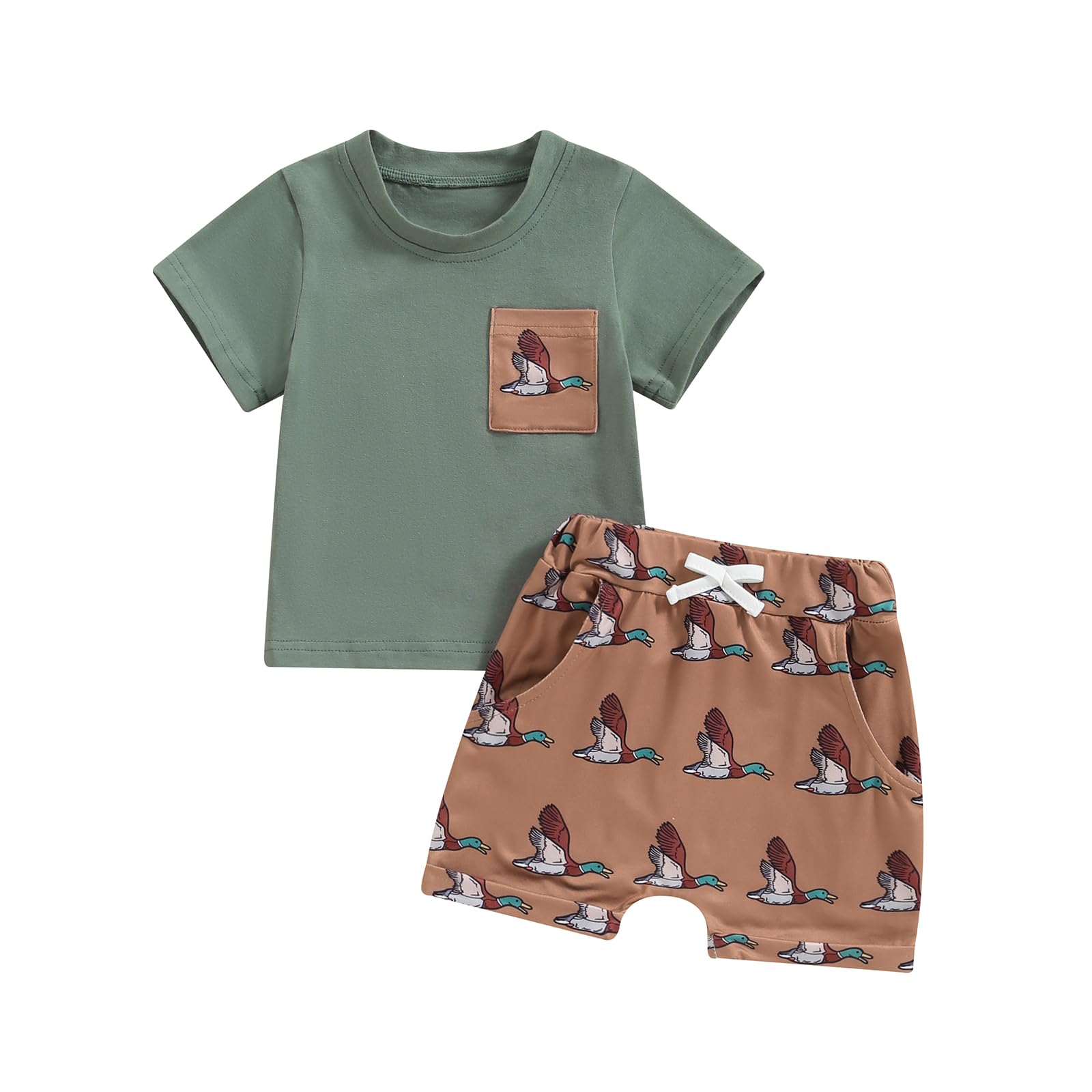 Baby Boys Clothes Toddler Summer Outfits Short Sleeve Duck Print Pocket T-Shirt Tops and Shorts Farm Baby Clothes (Duck Khaki, 2-3T)
