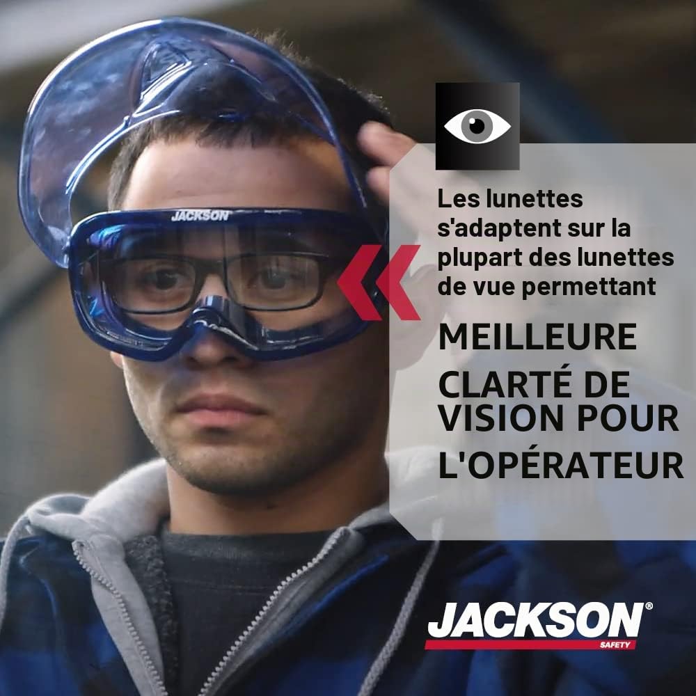 Jackson Safety GPL500 Lunettes de sécurité de qualité supérieure avec visière amovible, bleu, verres de protection transparents, anti-buée EN 166 CE 21000