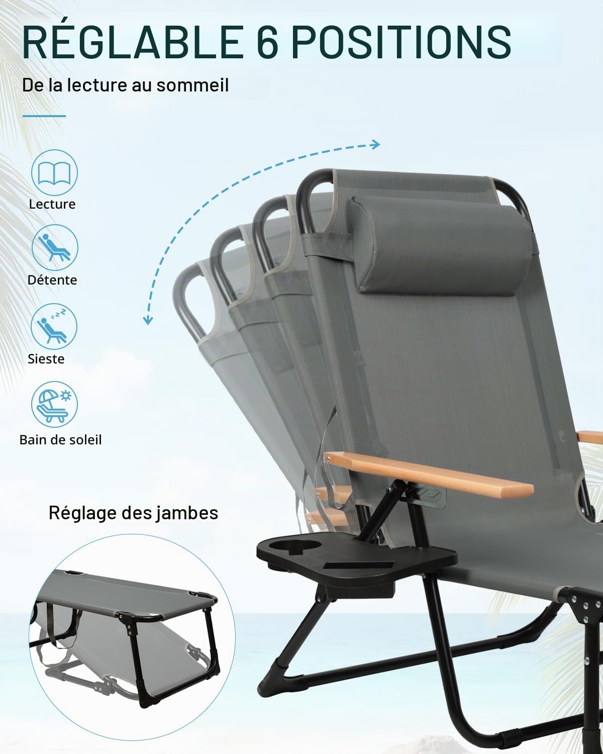 Chaise Longue Pliable avec Dossier Réglable à 4 Positions, Transat Bain de Soleil avec Accoudoirs en Bois, Bain Soleil pour Balcon Jardin Piscine et Plage, Charge Max 150 kg (Gris avec Pare Soleil)