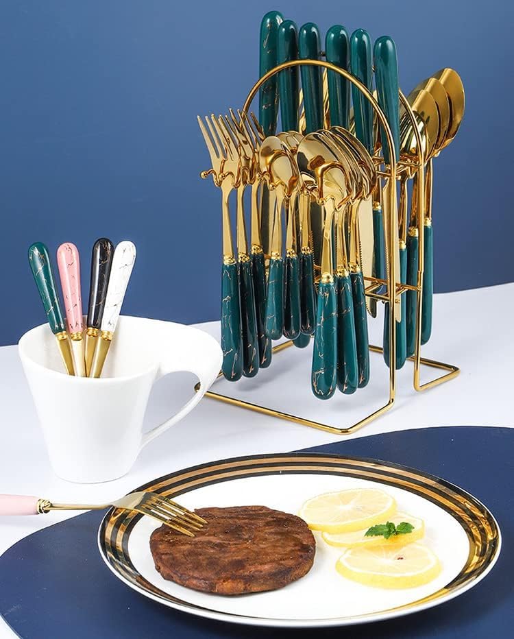 Image of Artek Stainless Steel Spoons, Forks & Knives Set of 24 with Stand and Ceramic Handle Golden Cutlery Set (Green)