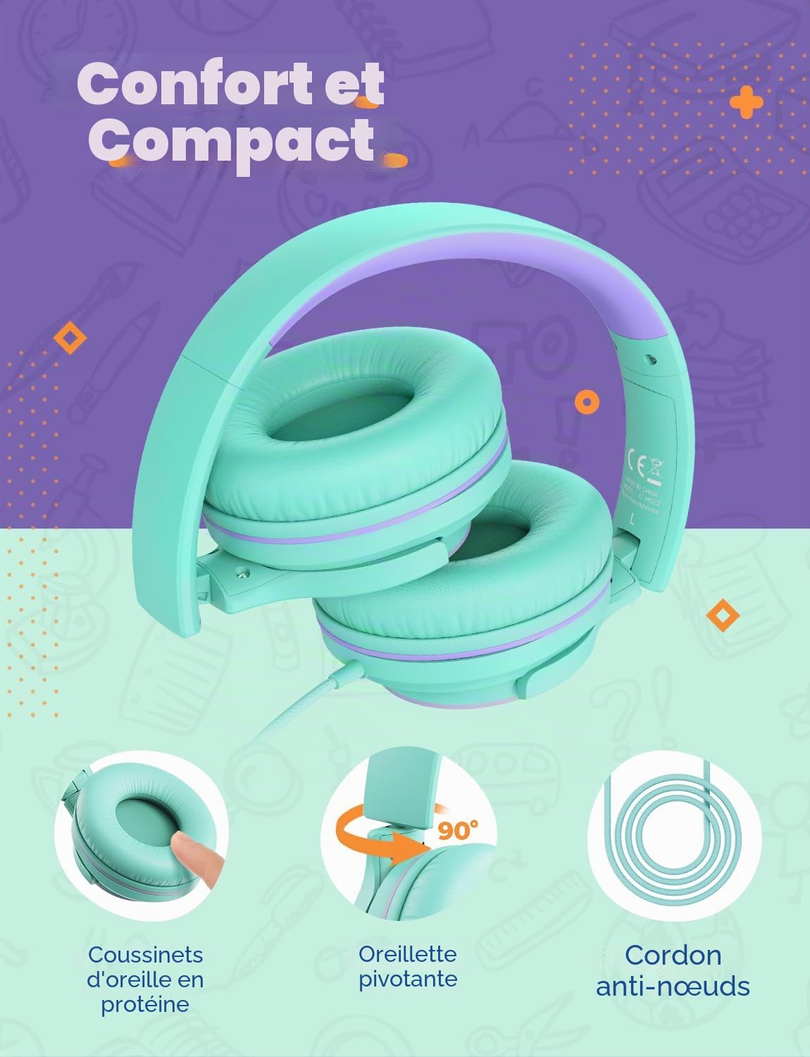 iClever Casque Audio Enfants, Volume Sécurisé Limité 85 dBA – Casque pour Enfant Filaires avec Répartiteur de Partage, écouteurs Stéréo Pliables sans Enchevêtrement pour l'école/Tablette/Voyage
