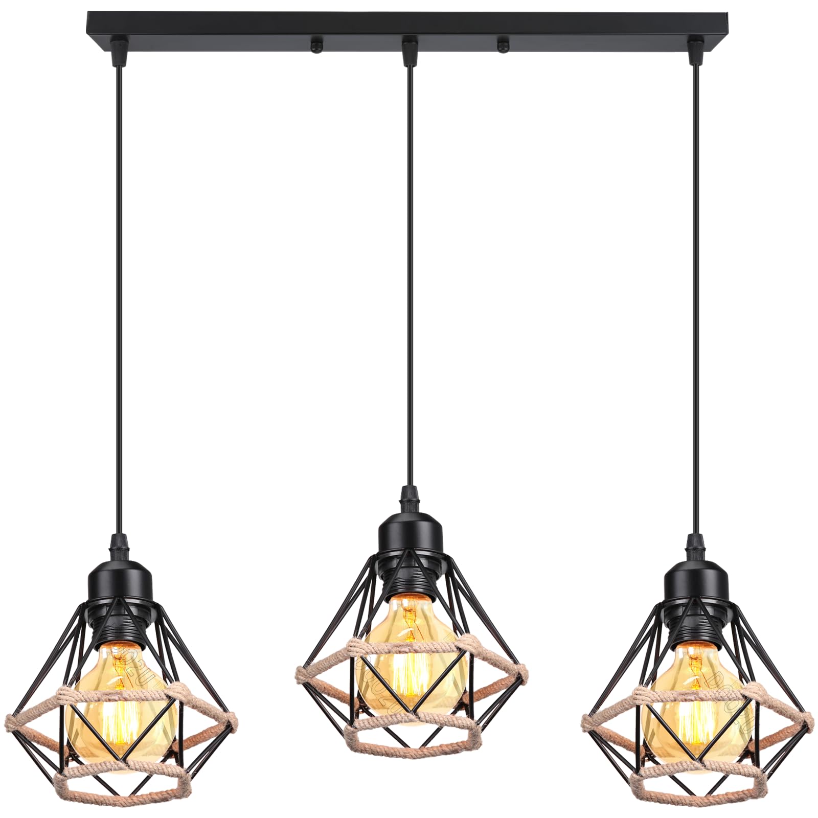 Lampadario a Sospensione E27 Industriale Vintage 3 Luci Lampada da Soffitto Corda di Canapa Retro Illuminazione Nero interna per Cucina Salotto (Ø16cm- Con una barra)