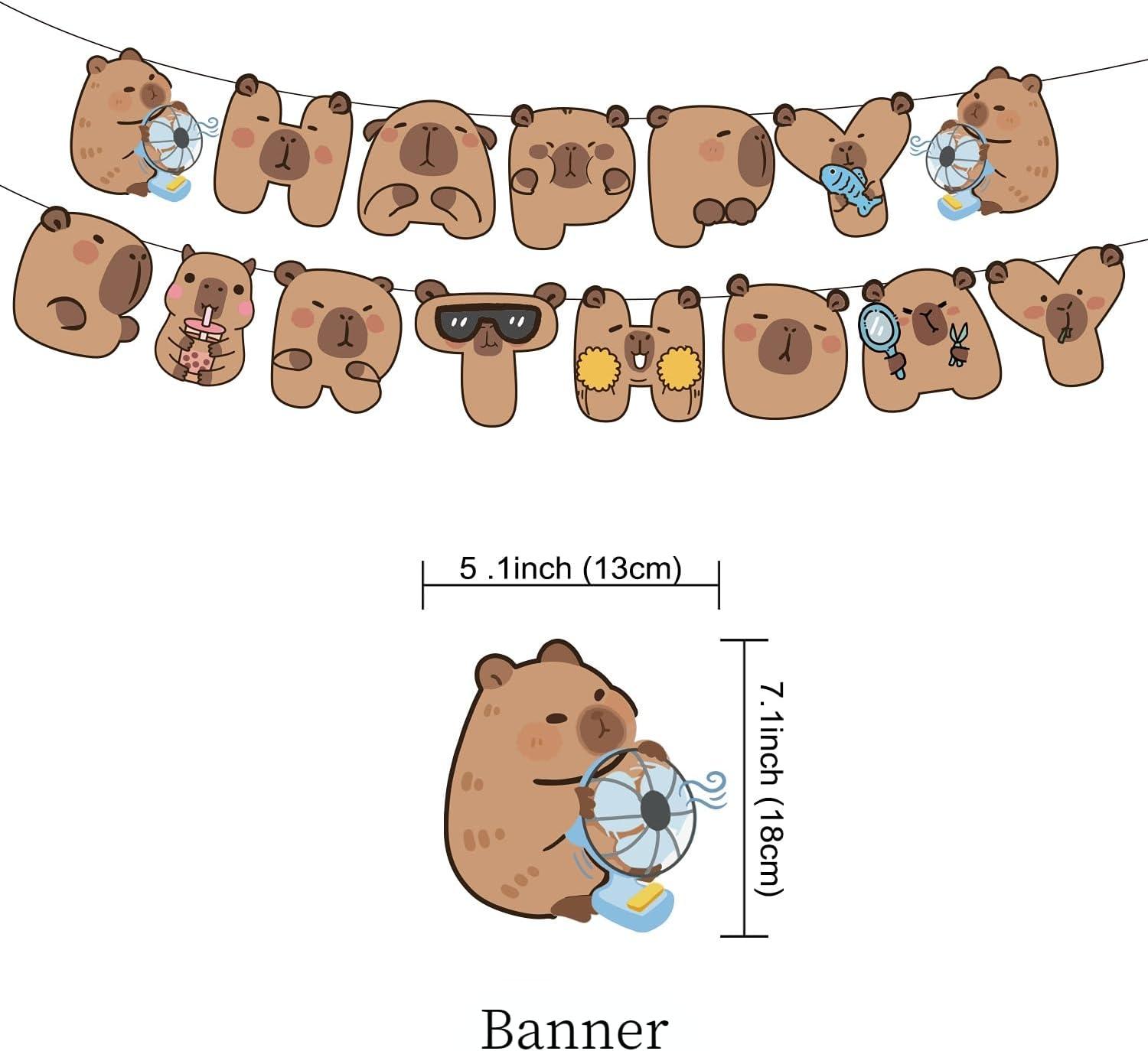 Capybara Birthday Decoration Set, Cute Animal Happy Birthday Banner, Capybara Party Supplies with Banner, Hanging Swirl, Cupcake Topper, Cake Topper, Balloon - Image 4