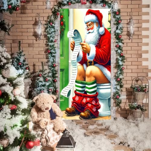Image of BlissYard Christmas Door Cover 71x35 Inch Funny Santa Reading List Door Banner, Merry Christmas Winter Porch Sign for Front Door, Holiday Party Indoor Outdoor Decor Farmhouse Entry Hanging Cover