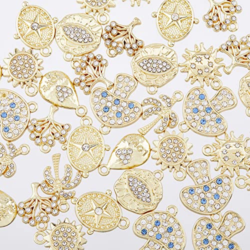 DICOSMETIC 48Pcs 8 Styles Small Rhinestone Charms Flat Round with Eye Pendants Moon Star and Sun Charms Light Gold Tree Charms Alloy Pendant for DIY Crafts Jewelry Making Hole: 1.2~1.6mm - Image 3