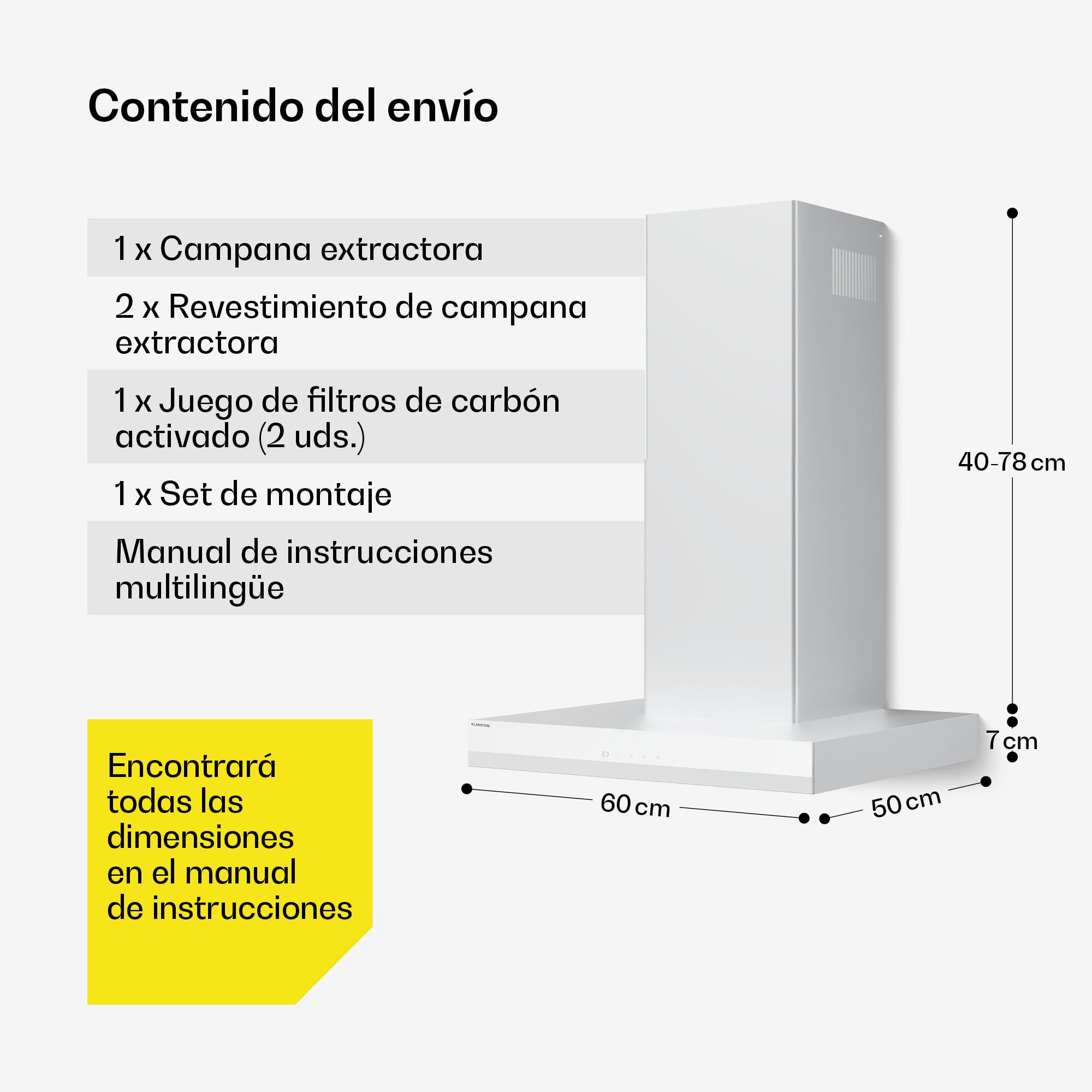 Klarstein Velaire Campana Extractora 60 cm - 600 m³/h, Eficiencia A++, LED, Táctil, Filtro Carbón, 3 Velocidades, Silenciosa, Integrable, Campanas Extractoras Cocina 60 cm, Blanco