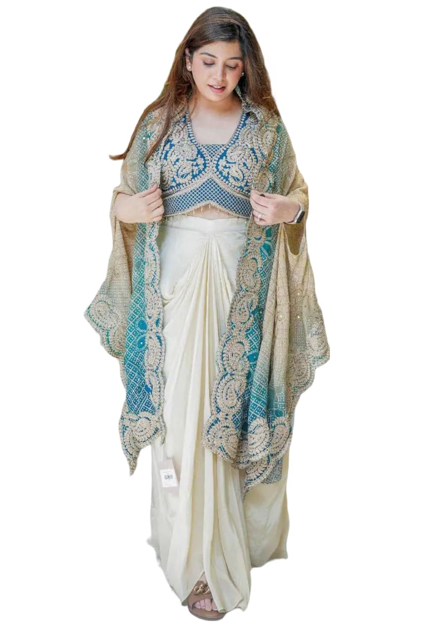 Premium Chinnon Silk Embroidered Dhoti,Blouse,ShrugLehenga Choli for Women & Girls – Indo Western Dhoti Style Wedding & Bollywood (3-piece set)