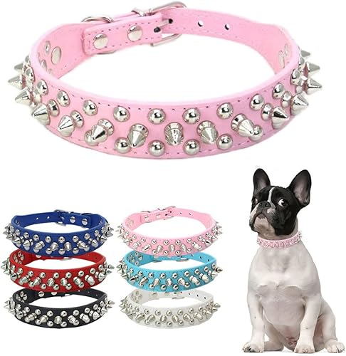 Miniatura 7 de Collar de perro Spike, piel sintética suave, duradero, con tachuelas, remaches de metal, seguro para gatos, ajustable para perros de raza pequeña,