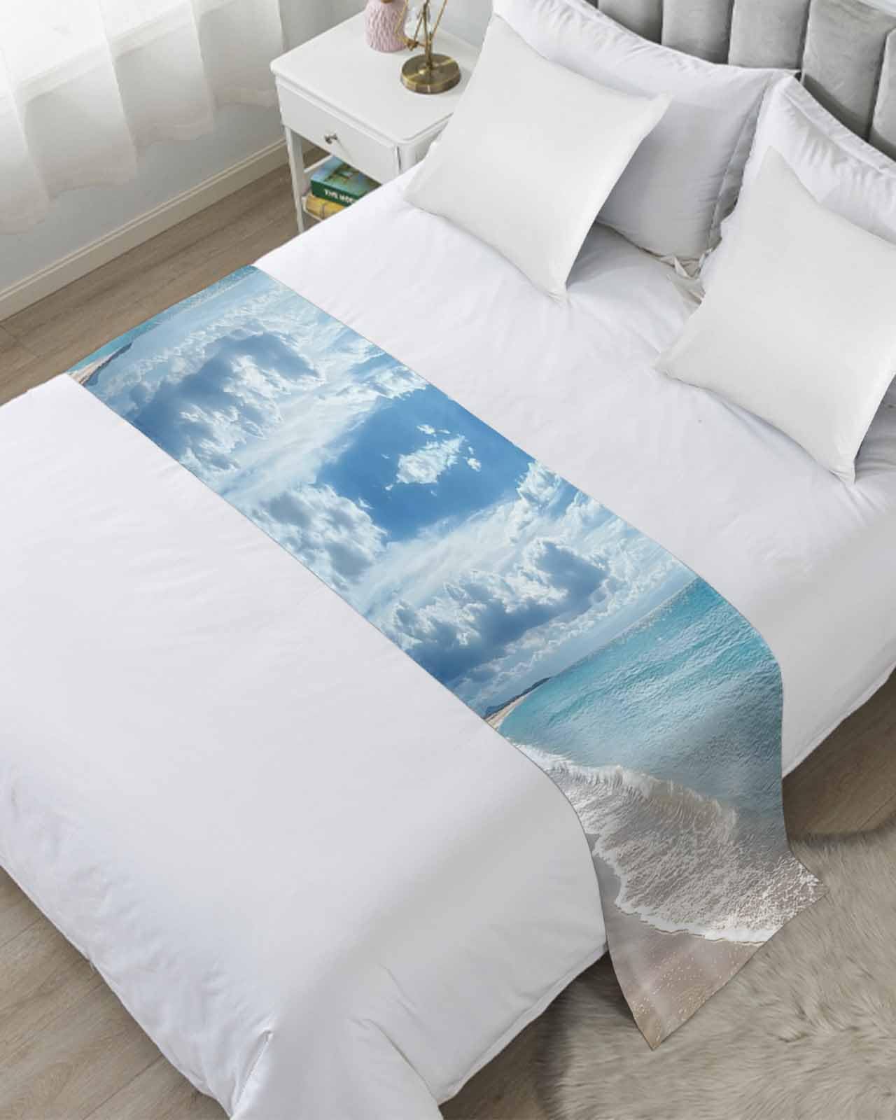 Yukro Bed Runner Scarf, Summer Beach Ocean Waves Sky Cloud Scenery Shore Twin Bed Scarf Runner, No Fading Decorative Bedding Scarf for Bedroom Hotels Homes and Guestrooms