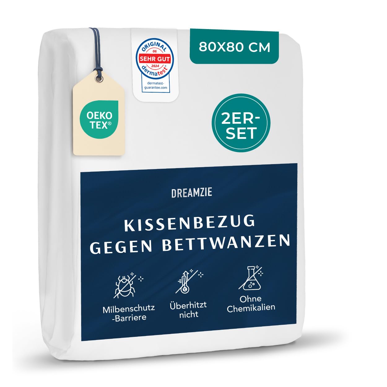 Dreamzie - 2er-Set Milbenbezug Kopfkissen 80x80 Bezug - Allergiker Bettwäsche - Kissenschoner 80x80 cm Hausstaubmilben Bekämpfen - Waschbar bis 95°C