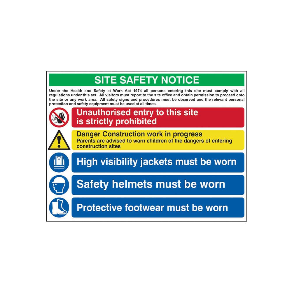 Construction Site Safety Sign - 5 Point Notice | Large W800 x H600mm | Durable 3mm Foamex Board | Weatherproof Health & Safety Signage for Building Sites