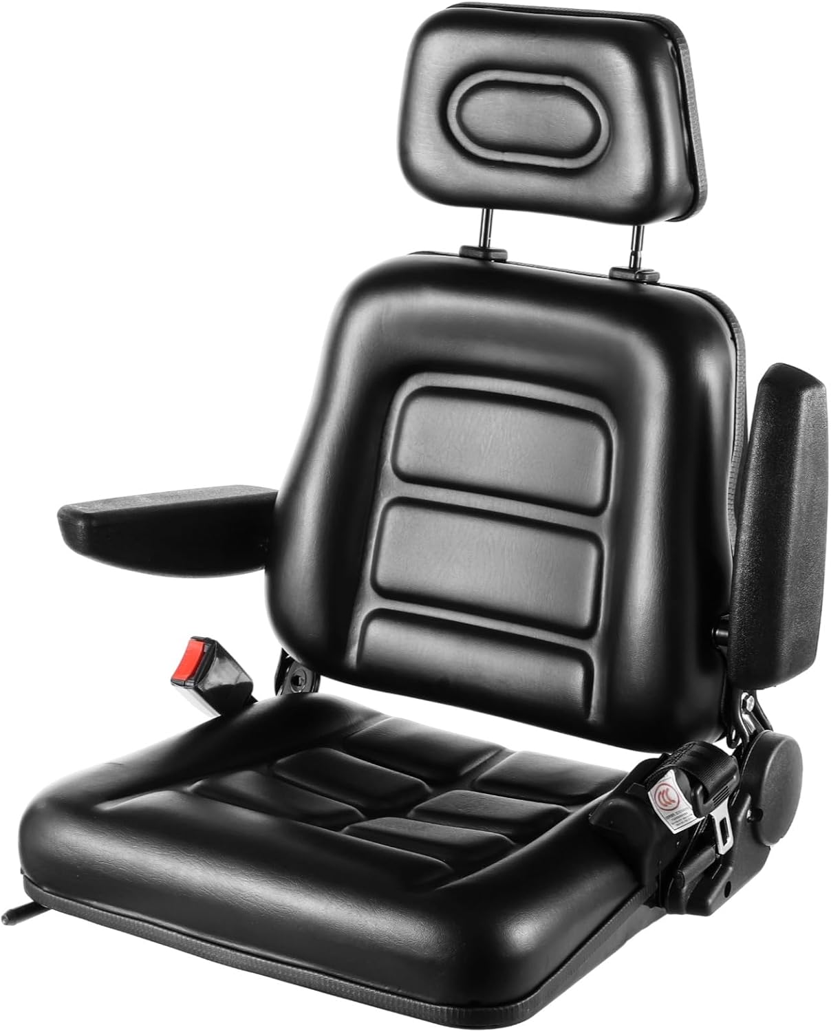 Universal Forklift Seat Adjustable Tractor Seat, Lawn Mower Seat with 0-90° Adjustable Armrest Headrest Safety Belt, Comfortable Leather Skid Steer Seat for Excavator Backhoe Dozer Loader