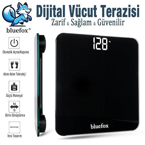 Bluefox Dijital Banyo Tartısı - 180 kg Kapasite Baskül, Büyük LED Ekran, Temperli Cam Yüzey, Hassas Ölçüm, Step-On Teknolojisi, Enerji Tasarrufu, Minimalist Tasarım